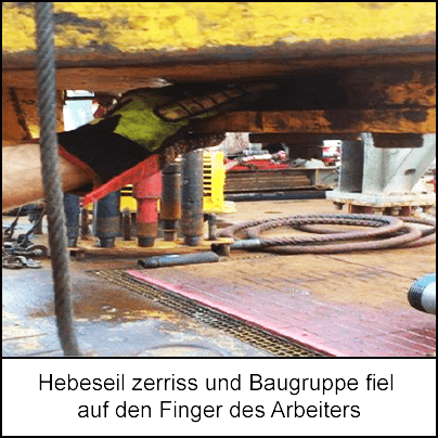 Hebeseil zerriss und Baugruppe fiel auf den Finger des Arbeiters