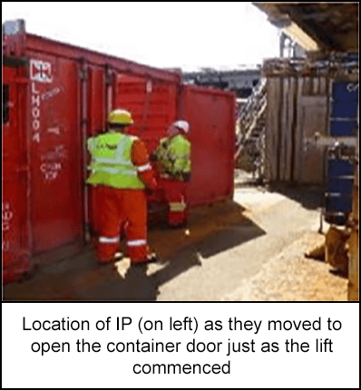 Location of IP (on left) as they moved to open the container door just as the lift commenced