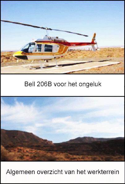 De Bell 206B voor het ongeluk zonder schade. Zicht op het werkterrein met ontoegankelijke heuvels en ravijnen. 