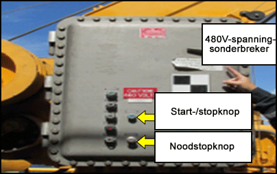 De bedieningspaneel van de lier met een noodstop, de start-/stopknop en een spanningsonderbreker.