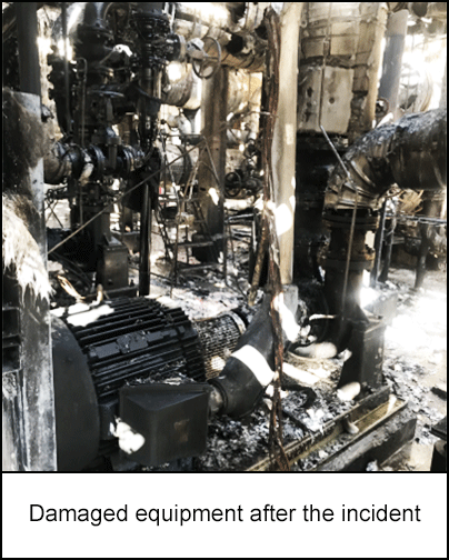 The equipment and surrounding area with significant fire damage. The burnt wires and the inside of equipment are visible.