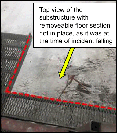 Top view of the  substructure with  removeable floor section not in place, as it was at the time of incident falling
