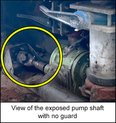 View of the exposed pump shaft with no guard 