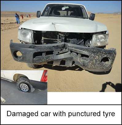 Damaged car with punctured tyre 