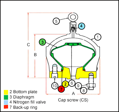 Cap screw (CS): bottom plate, diaphragm, Nitrogen fill valve and back-up ring