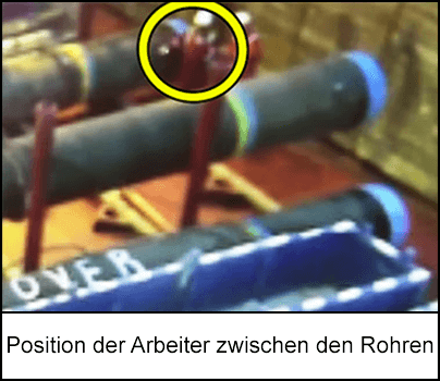 Ein Einweiser und ein Deckvorarbeiter standen zwischen großen Rohren, die entladen wurden