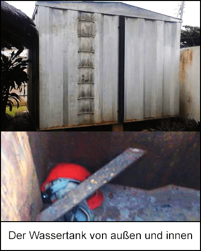 Das erste Bild zeigt die Außenseite des Wassertanks, dessen Türen größtenteils geschlossen sind. Das zweite Bild zeigt den leeren Wassertank von innen, in dem ein Schutzhelm am Boden liegt.