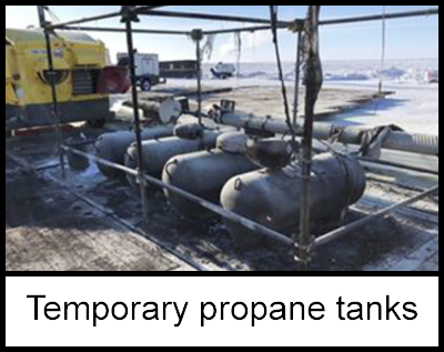 4 propane tanks located in a temporary metal outdoor enclosure.