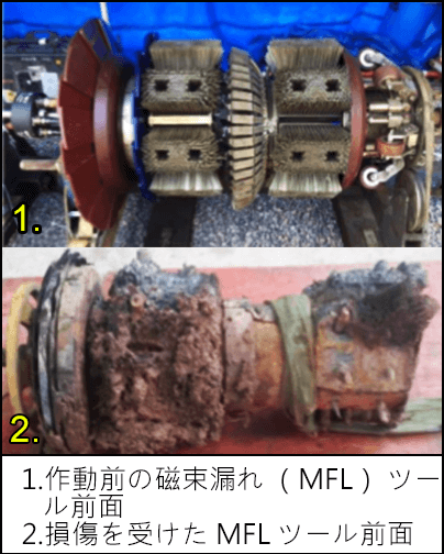 損傷を受ける前と受けた後の磁束漏れ （MFL） ツール前面