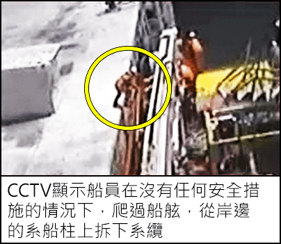 CCTV顯示船員在沒有任何安全措施的情況下，爬過船舷，從岸邊的系船柱上拆下系纜