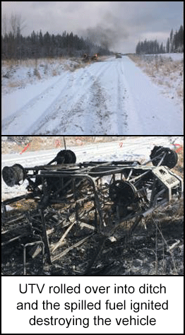 utv rolled over into ditch and the spilled fuel ignited destroying the vehicle