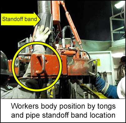 workers body position by tongs and pipe standoff band location