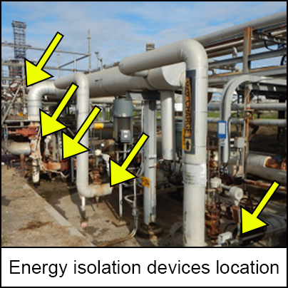 Five energy isolation devices on an outdoor site. 