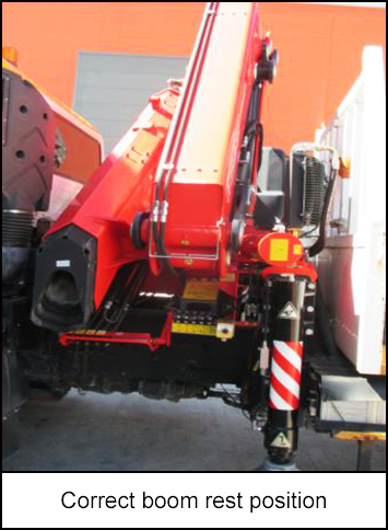 A crane correctly mounted on a truck. The crane is in the correct boom rest position. 