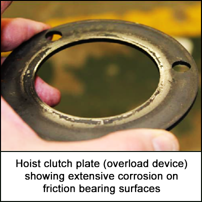 Hoist clutch plate showing extensive corrosion on friction bearing surfaces