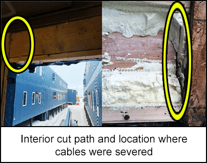 Interior cut path and location where cables were severed