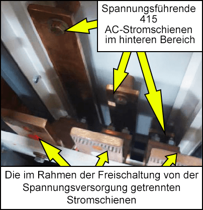 Drei unterschiedlich lange Metall-Stromschienen hinter einem anderen Satz Stromschienen