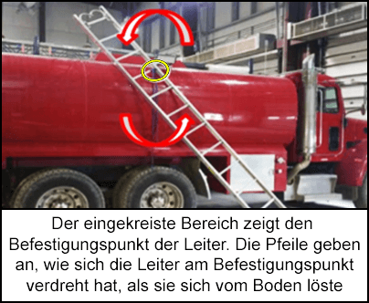 Ein roter Lastwagen, an dem eine Metallleiter hängt. Die Leiter hat sich verdreht und den Kontakt mit dem Boden verloren.