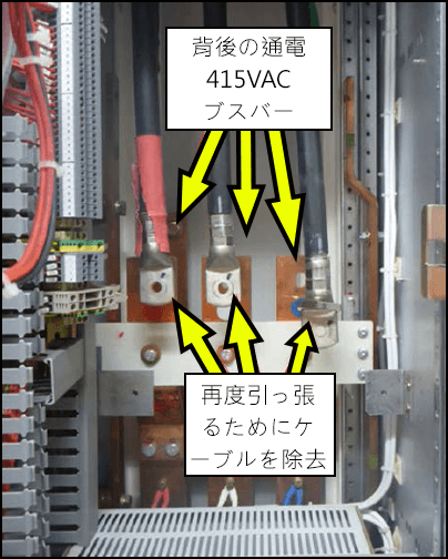 メインケーブルの背後に配置された3セットの通電しているブスバー。