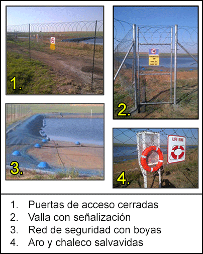 Medidas de control adecuadas: puertas de acceso cerradas, valla con señalización, red de seguridad con boyas instalada en los lados de la presa, chaleco y aro salvavidas.