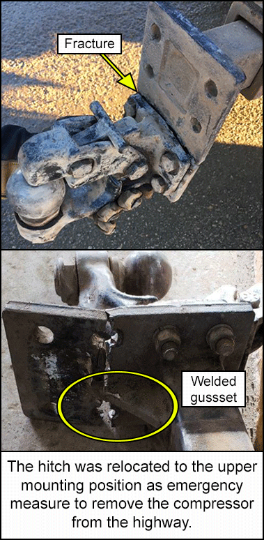 The hitch was relocated to the upper mounting position as emergency measure to remove the compressor from the highway.