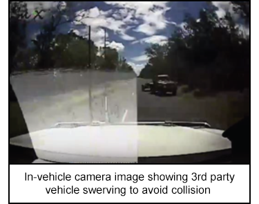 In-vehicle camera image showing 3rd party vehicle swerving to avoid collision