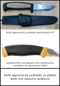 Knife approved by contractor vs jointers knife now issued to workforce