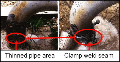 Thinned pipe area and clamp weld seam