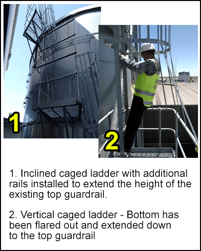 : Caged ladders with additional safety measures installed