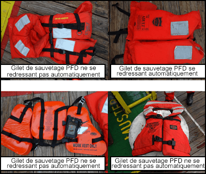 Exemples de gilets PFD se redressant ou non automatiquement