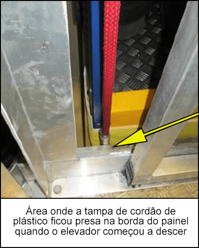 Área onde a tampa de cordão de plástico ficou presa na borda do painel quando o elevador começou a descer