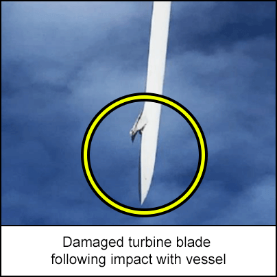 Damaged turbine blade following impact with vessel