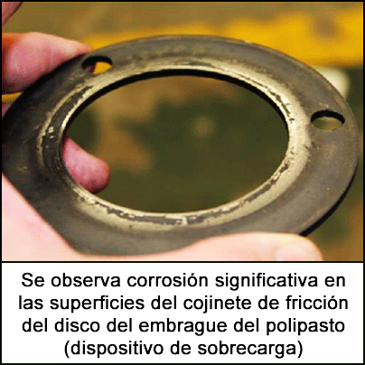 Se observa corrosión significativa en las superficies del cojinete de fricción del disco del embrague del polipasto 