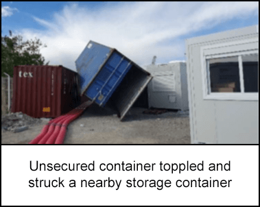 Unsecured container toppled and struck a nearby storage container