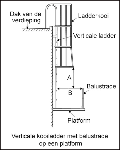 Verticale kooiladder met balustrade op een platform