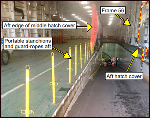 Location where crewman was found. The safety barrier protecting the open hatch is visible.