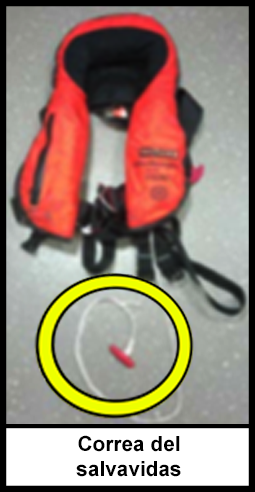 Un chaleco salvavidas rojo y negro con la correa que cuelga del chaleco salvavidas. 