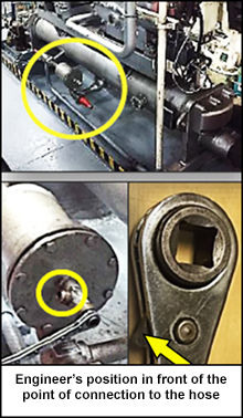 Engineer's position in front of the point of connection to the hose 