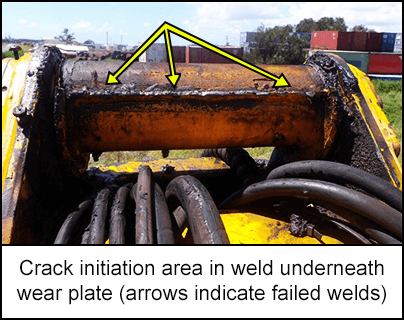 Crack initiation area in weld underneath wear plate (arrows indicate failed welds)