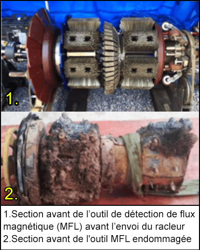 La face avant de l'outil de détection de flux magnétique avant et après le dommage.
