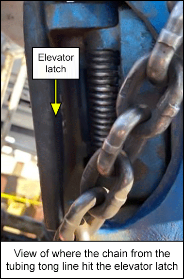 View of where the chain from the tubing tong line hit the elevator latch