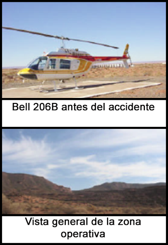 El Bell 206B antes del accidente, sin daños. Vista de las zonas operativas con colinas y barrancas inaccesibles.