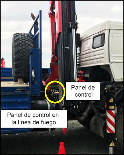 Imagen de un camión grúa, con el panel de control del lado del pasajero posicionado directamente en la línea de fuego.