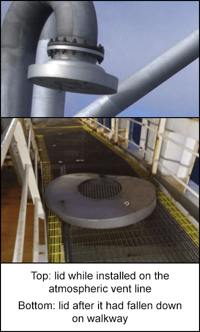 Lid while installed on the atmospheric vent line and after it had fallen down on walkway