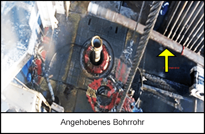 Ein 1100 kg schweres Bohrrohr wurde zum Drehtisch gehoben