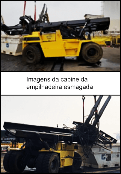 A empilhadeira com a cabine destruída