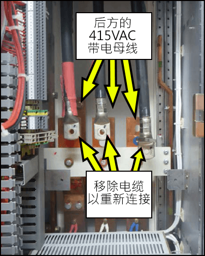 位于主电缆后面的一组（三个）带电母线。