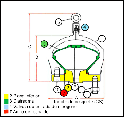 Tornillo de casquete  (CS): placa inferior, diafragma, válvula de entrada de nitrógeno y anillo de respaldo