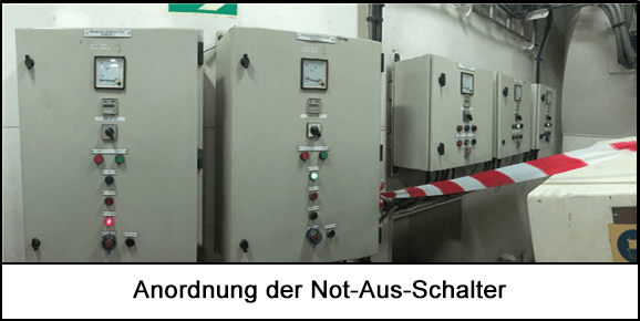 Die Schmierölpumpen mit den Not-Aus-Schaltern ohne Sicherheitsabdeckung