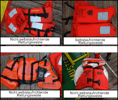 Beispiele für nicht-selbstaufrichtende und selbstaufrichtende Rettungswesten